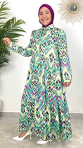 Load image into Gallery viewer, Vestito Chemisier verde, vestito over, senza laccio, abaya, Hijab, Hijab paradise, fantasia, ghirigori, viola, verde acqua, nero, donna musulmana
