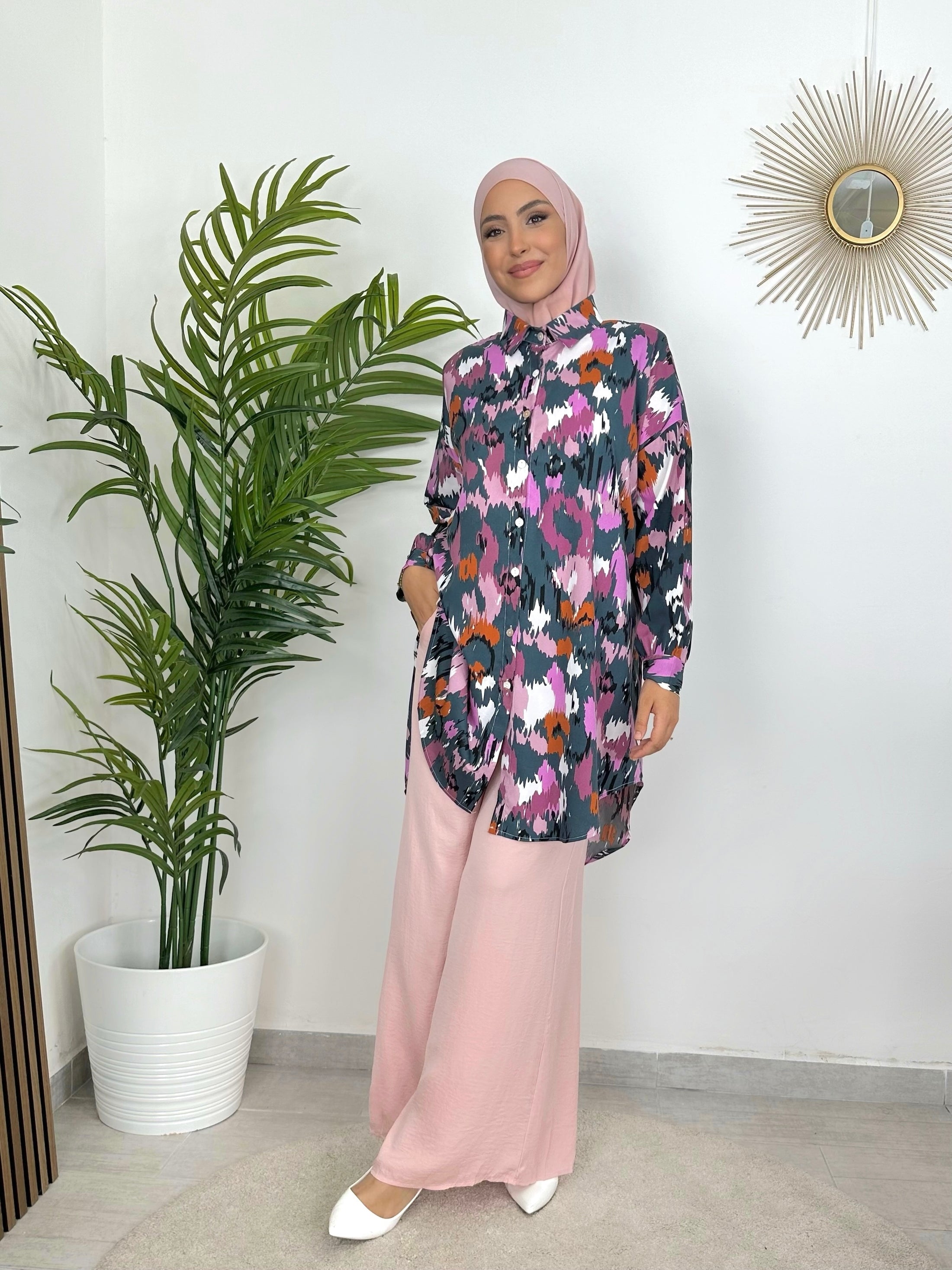 Painted Camicia Ciano, camicia over, camicia lunga, camicia colorata, rosa, ciano, mattone, Hijab paradise, donna con hijab, donna musulmana, abito modest 