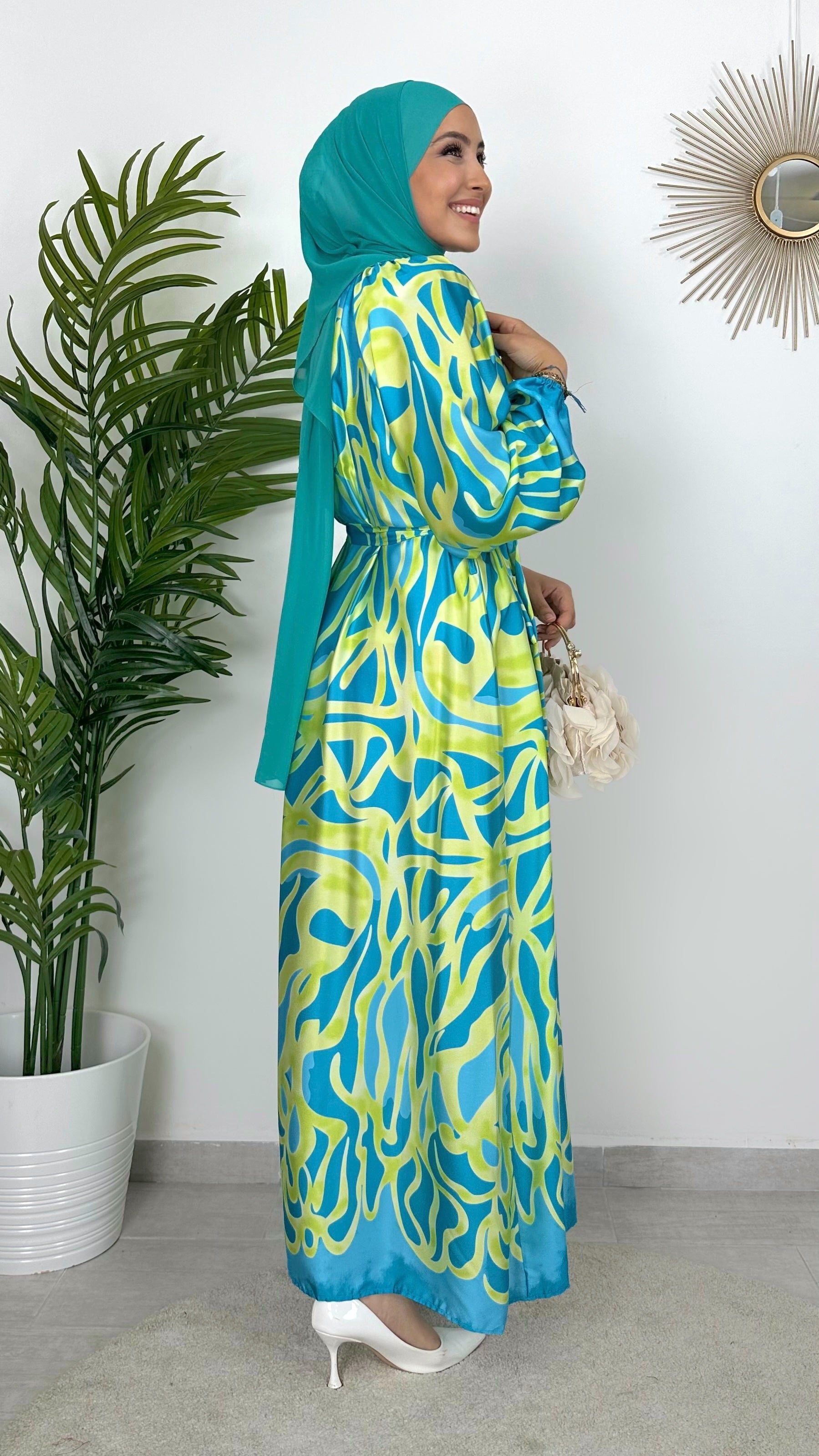 Abito summer con balze verde acqua- cintura in vita- fantasia - vestito  modest - maniche larghe - hijab - hijab paradise