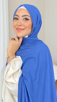 Load image into Gallery viewer, Hijab Jersey Blu cielo-orlo FlatlockHijab, chador, velo, turbante, foulard, copricapo, musulmano, islamico, sciarpa, 
