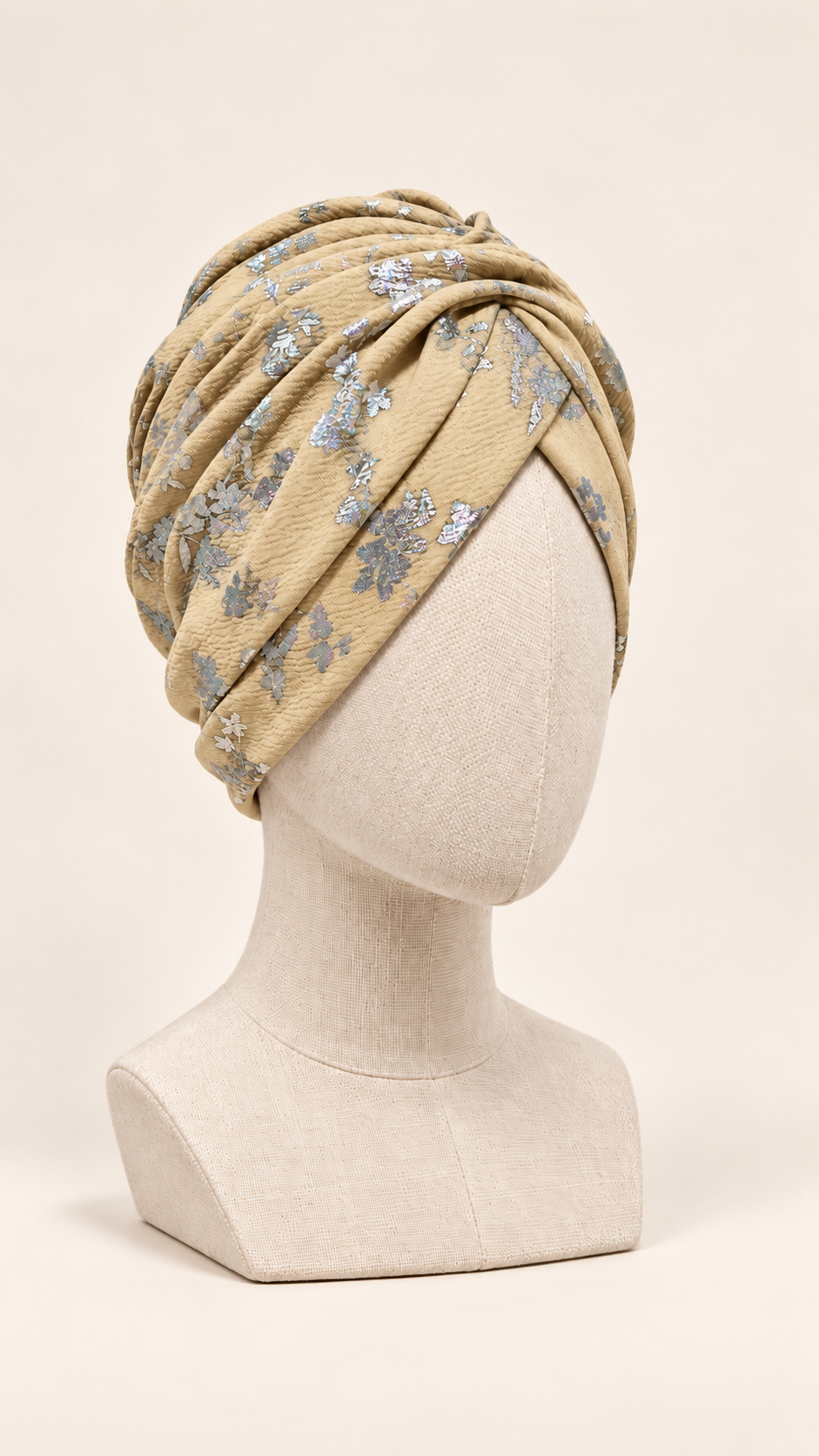 Turbante Zahra con fantasia floreale argentata – Pronto da indossare