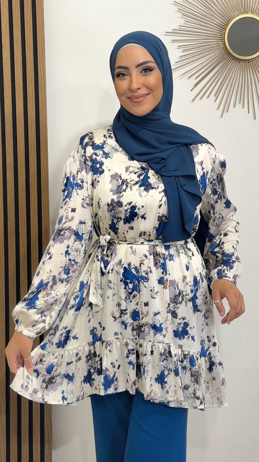 Tunica lunga, azzurra e bianca, floreale, coprente, hijab , Hijab Paradise