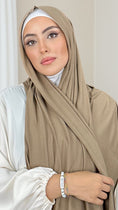 Load image into Gallery viewer, Hijab, chador, velo, turbante, foulard, copricapo, musulmano, islamico, sciarpa, Hijab Jersey ghiaia-orlo Flatlock
