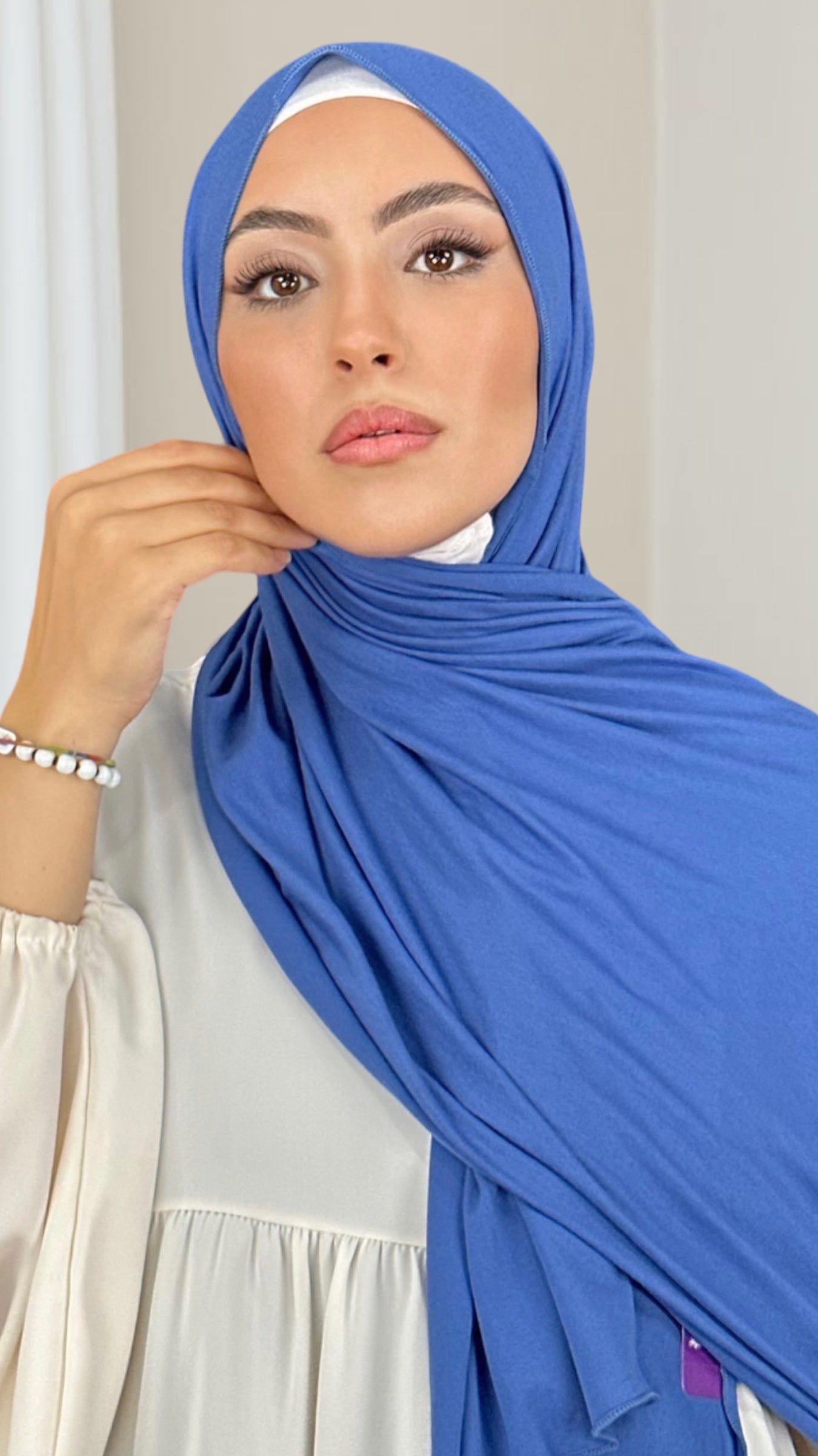 Hijab Jersey Blu cielo-orlo FlatlockHijab, chador, velo, turbante, foulard, copricapo, musulmano, islamico, sciarpa, 