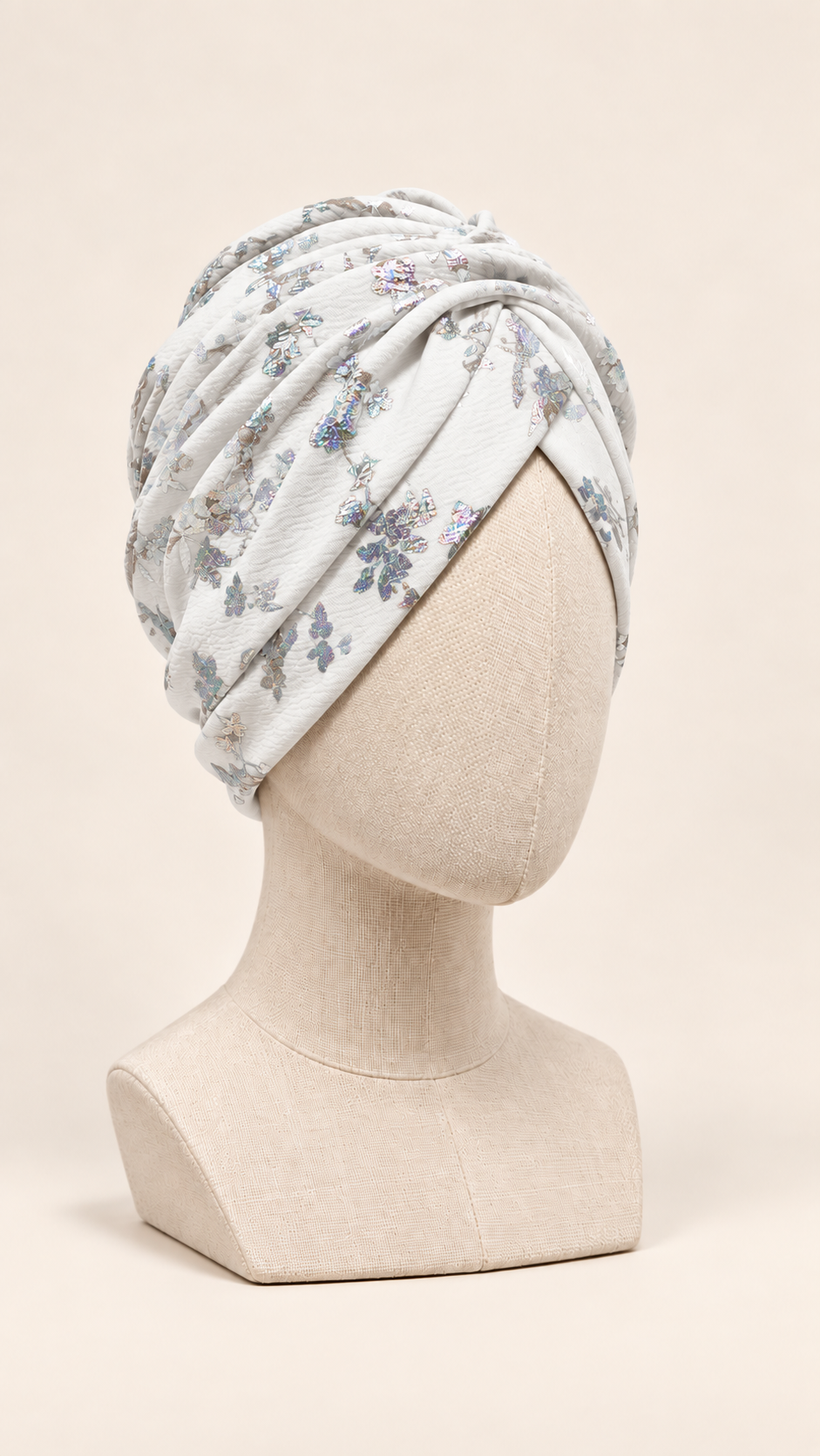 Turbante Zahra con fantasia floreale argentata – Pronto da indossare