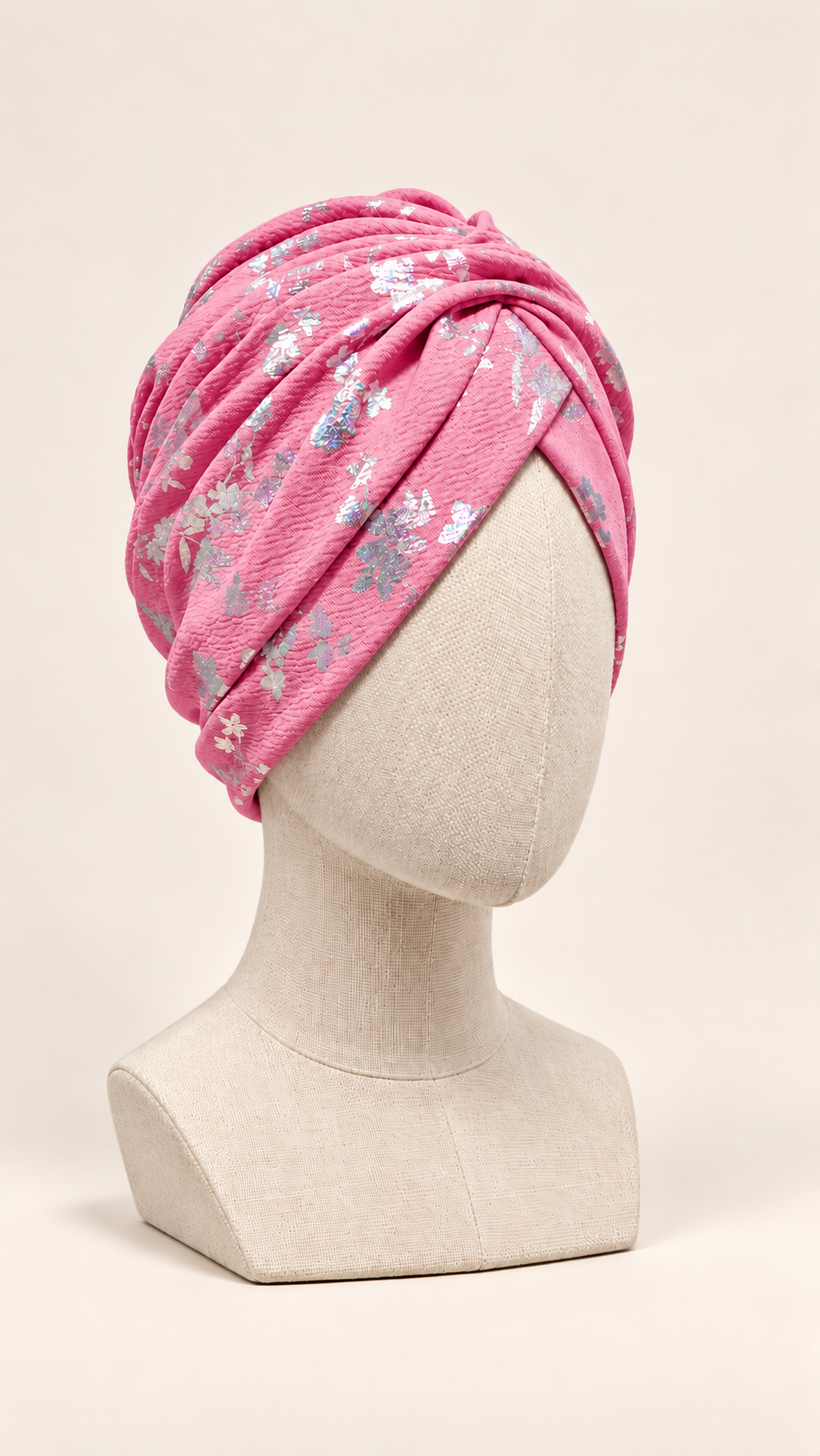 Turbante Zahra con fantasia floreale argentata – Pronto da indossare