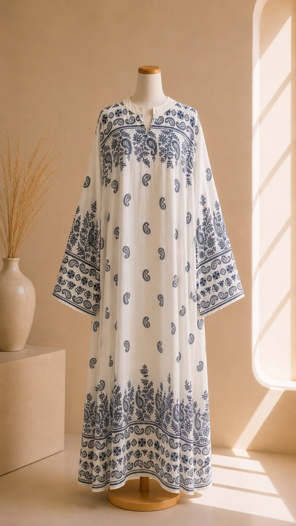 Abaya Bohème Flow Bianco&Blu