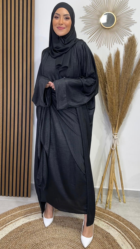 3 pezzi, abaya, vestito elegante, glowy dress, hijab, tacchi