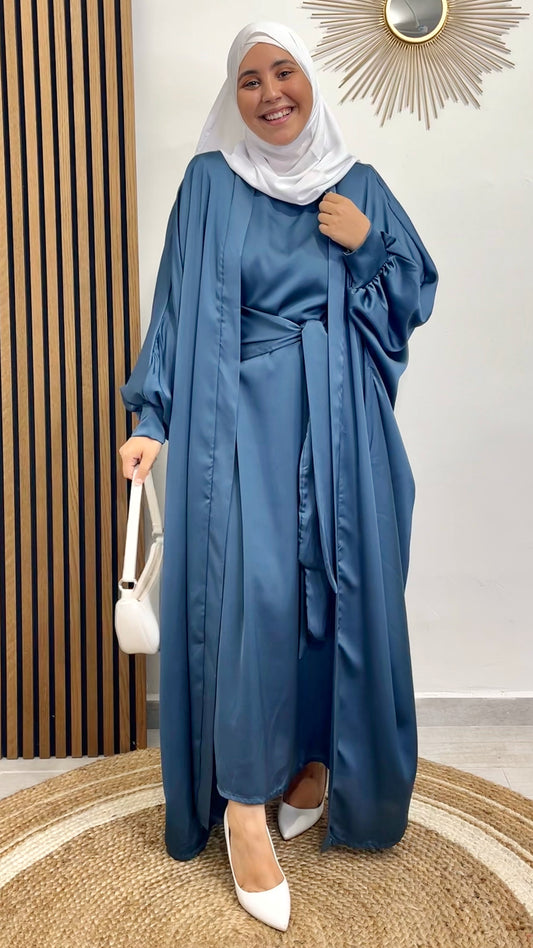 Abaya satinata, abaya due pezzi, kimono abaya, hijab
