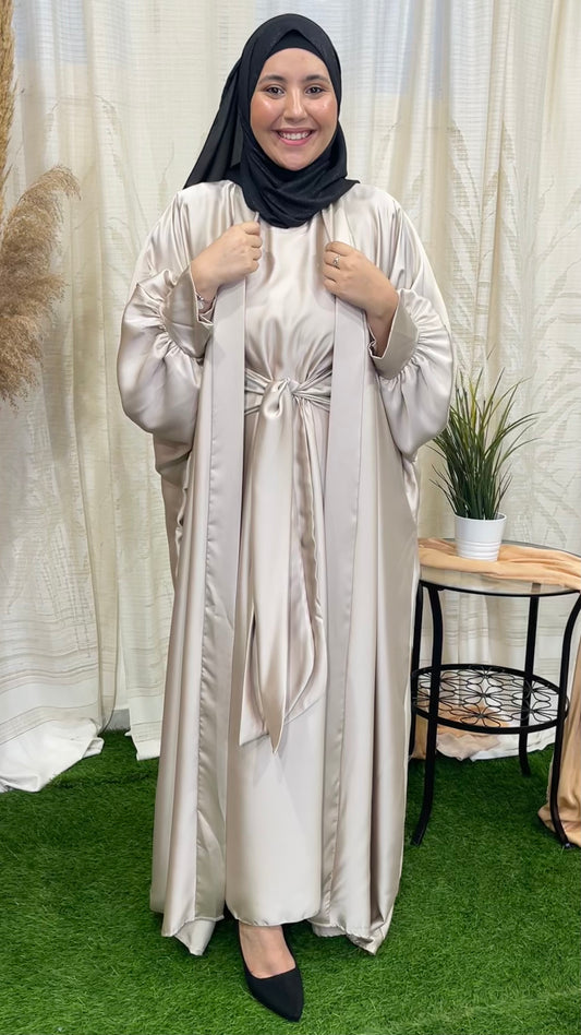 Abaya satinata, abaya due pezzi, kimono abaya, hijab