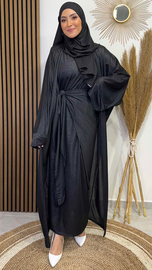 3 pezzi, abaya, vestito elegante, glowy dress, hijab, tacchi