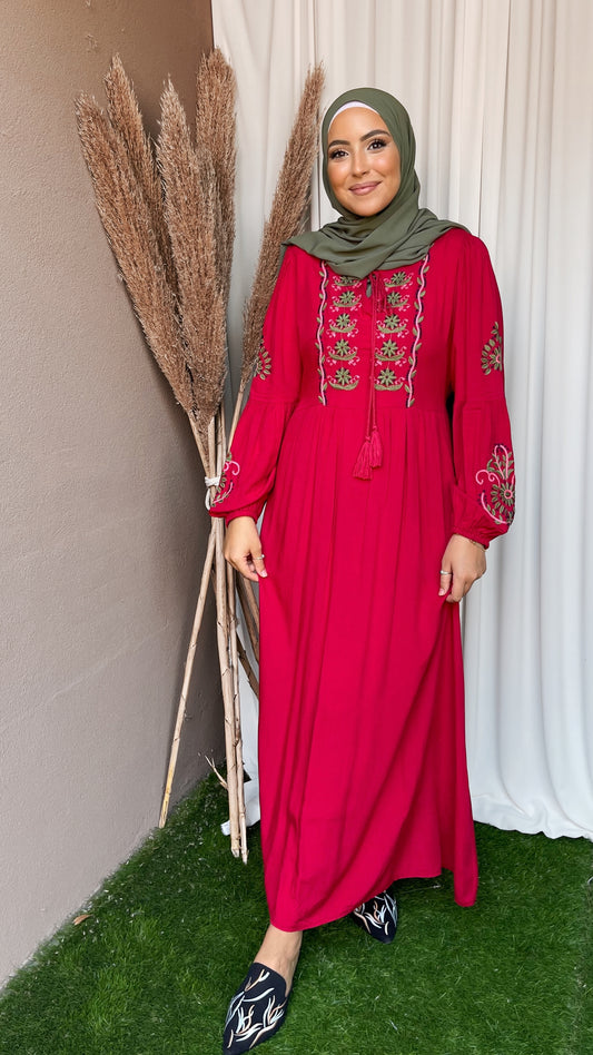 Vestito lungo, maniche larghe, decorazione  fioreali, rosso, verde, Hijab Paradise