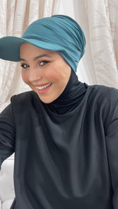 Hijab, chador, velo, turbante, foulard, copricapo, musulmano, islamico, sciarpa, pronto da mettere, casquette Hijab,   , cappello, visiera, velo con visiera, hijab per ripararsi dal sole, lycra elasticizzata, verde acqua, sorriso, occhi a mandorla, ragazza musulmana
