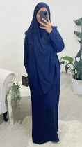 Load image into Gallery viewer, Abito preghiera, donna islamica, cuffia bianche, sorriso, vestito lungo, velo khimar, copricapo, jilbab , blu, Hijab Paradise
