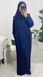 Abito preghiera, donna islamica, cuffia bianche, sorriso, vestito lungo, velo khimar, copricapo, jilbab , blu, Hijab Paradise