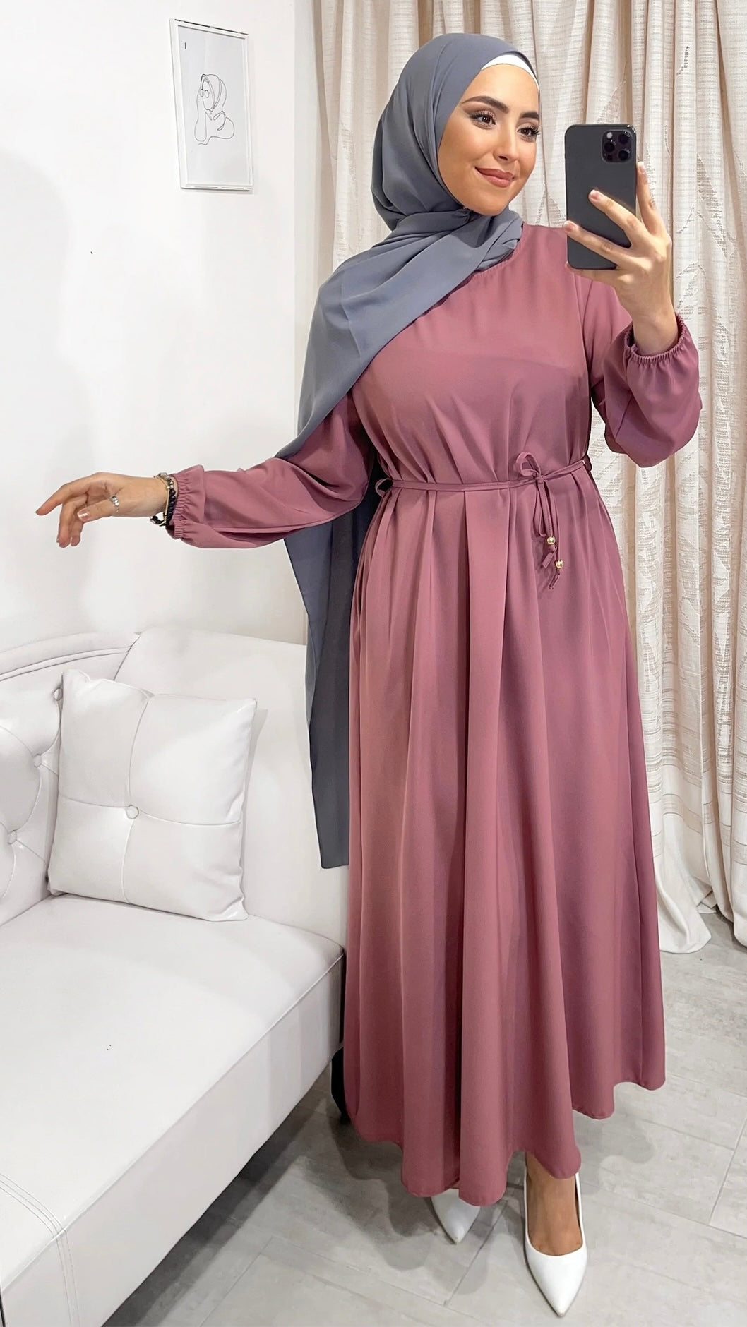 Vestito, abaya, semplice, colore unico, cintutino in vita, polsi arricciati, donna islamica, modest dress , Hijab Paradise, rosa scuro, hijab silver