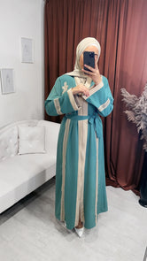 Abaya, ricami, Hijab Paradise, due colori, cintura in vita, dettaglio in manica,  vestito arabeggiante, modest, donna musulmana, verde acqua e beaje