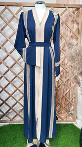 Abaya, ricami, Hijab Paradise, due colori, cintura in vita, dettaglio in manica,  vestito arabeggiante, modest, blu e beaje