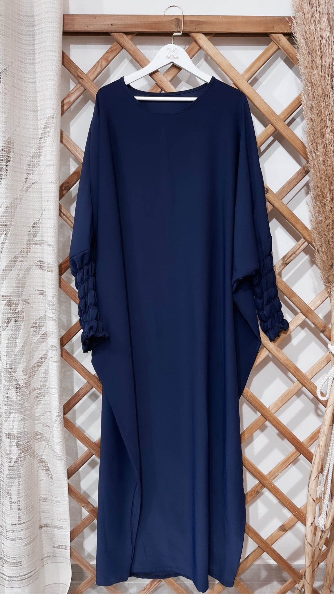 Hijab Paradise, gruccia, maniche a frisè, vestito lungo, abaya, vestito largo, da preghiera blu notte