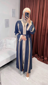 Abaya, ricami, Hijab Paradise, due colori, cintura in vita, dettaglio in manica,  vestito arabeggiante, modest, donna musulmana, ciano chiaro e beaje